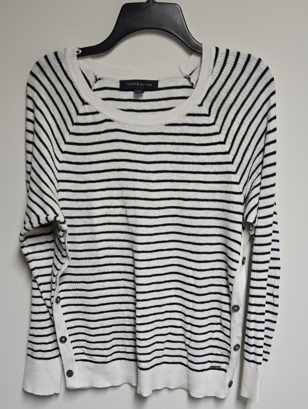 Tommy Hilfiger White & Navy Striped Crewneck Knit Sweater W/ Side Buttons